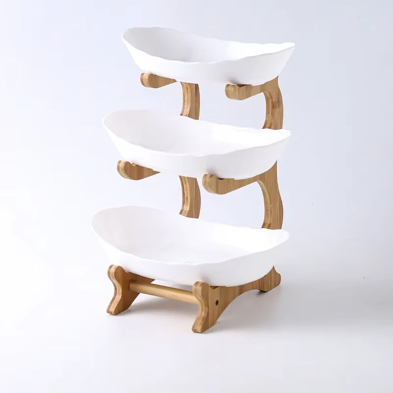 Three-Tier Wooden Serving Tray with Partitioned Sections for Fruits, Snacks, and Desserts