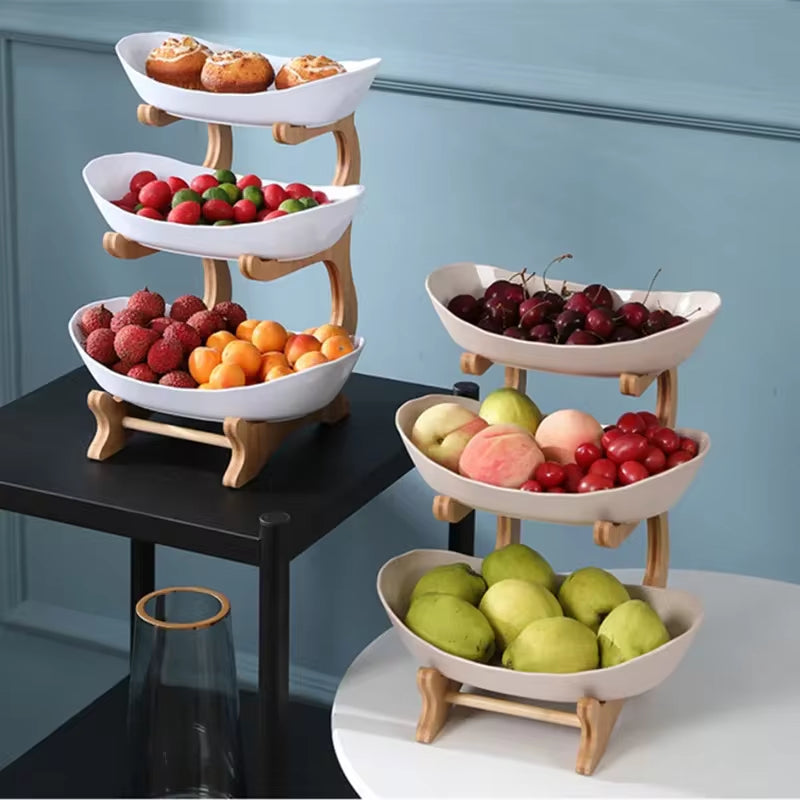 Three-Tier Wooden Serving Tray with Partitioned Sections for Fruits, Snacks, and Desserts