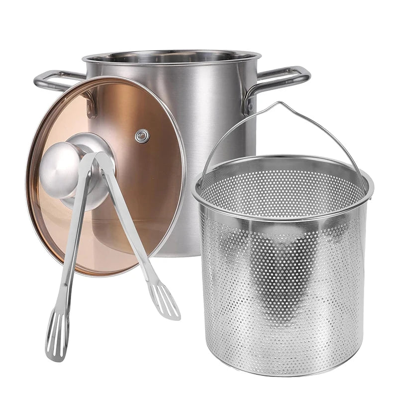 3L Stainless Steel Deep Fryer Pot with Mesh Steamer Basket, Lid, and Tongs - Japanese Tempura Fryer JT230