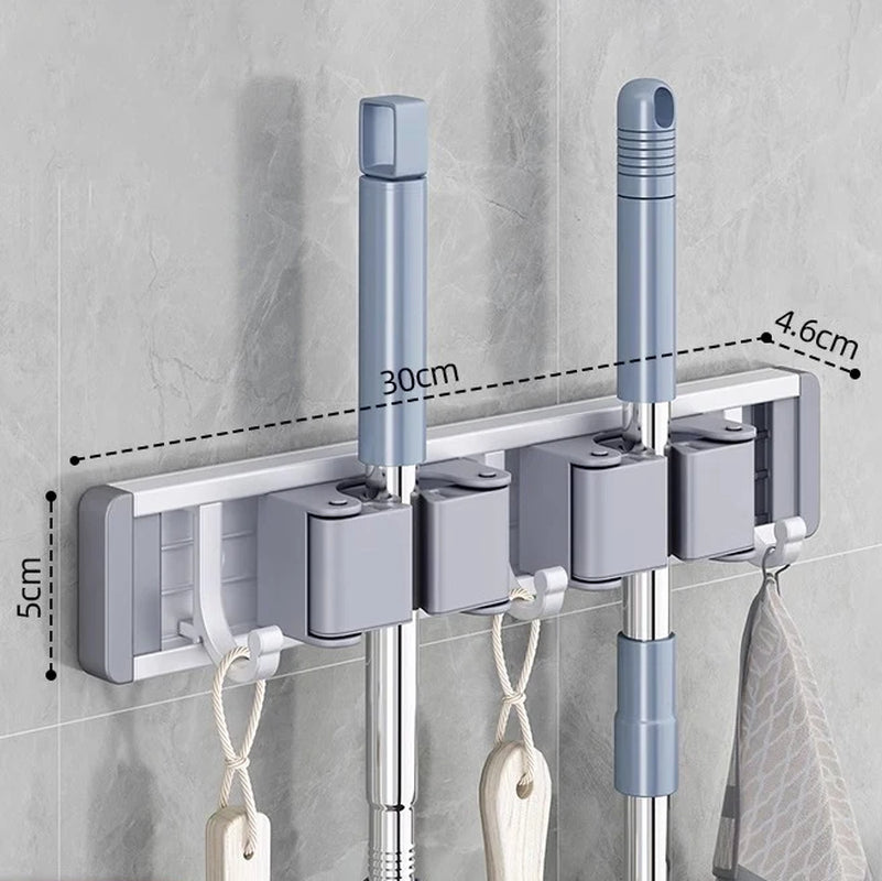 Wall-Mounted Mop and Broom Organizer with 5 Hooks - Sturdy Mop Holder Rack for Efficient Storage