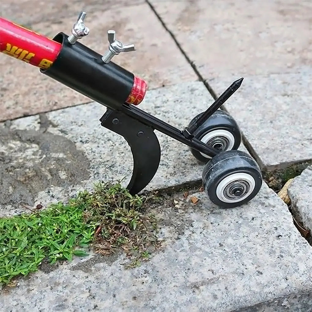 A portable gap weeder grass trimmer featuring an adjustable-length handle and a specialized cutting head designed to remove weeds from narrow gaps, such as between paving stones or along driveway edges. This manual tool allows users to eliminate weeds without the need to bend down, promoting ergonomic gardening practices