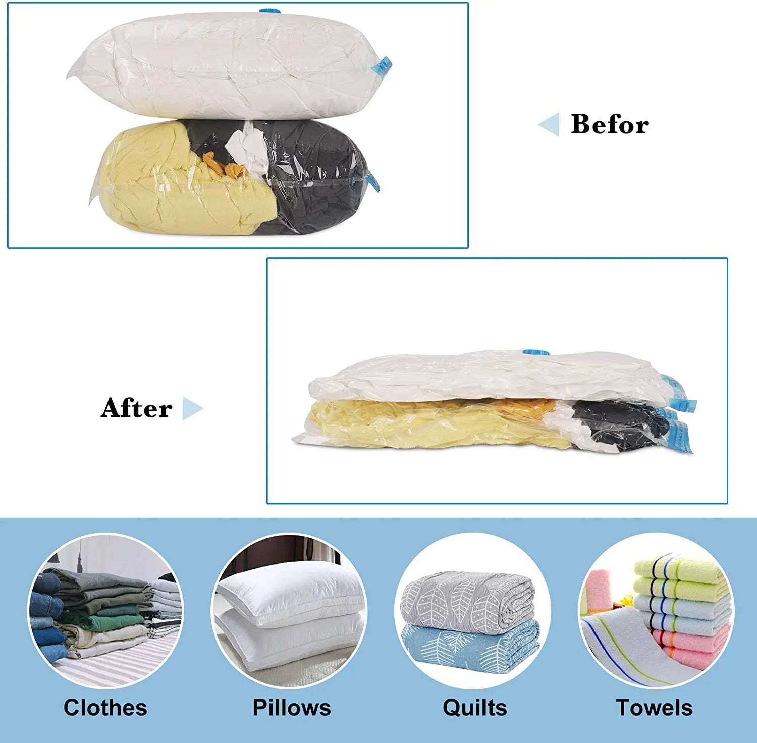 A set of vacuum storage bags designed to compress clothing, bedding, and other textiles, maximizing storage space by reducing volume through air removal. These bags are typically made from durable, airtight materials and feature a one-way valve for use with a vacuum cleaner, ensuring contents are protected from moisture, dust, and odors