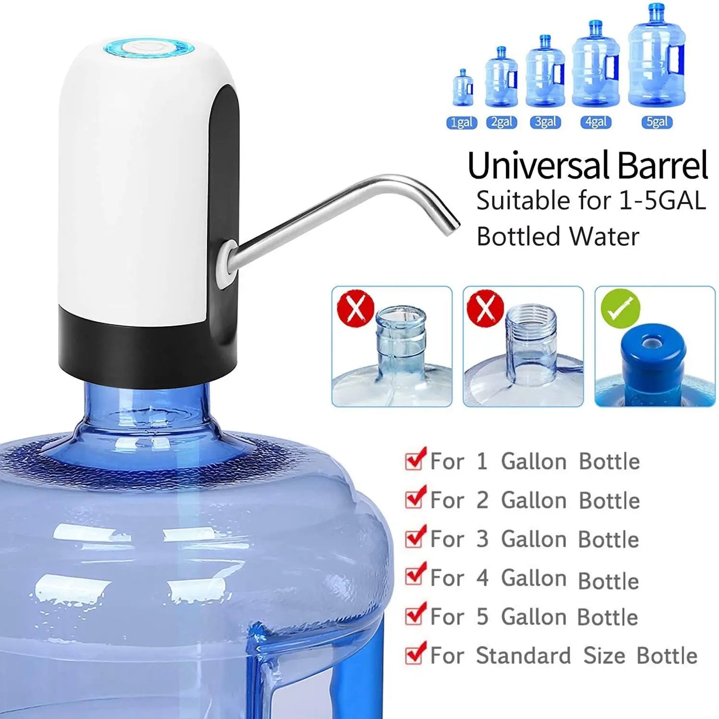 USB rechargeable water bottle pump with a sleek design, automatic dispensing, and a convenient spout for easy water access from large bottles