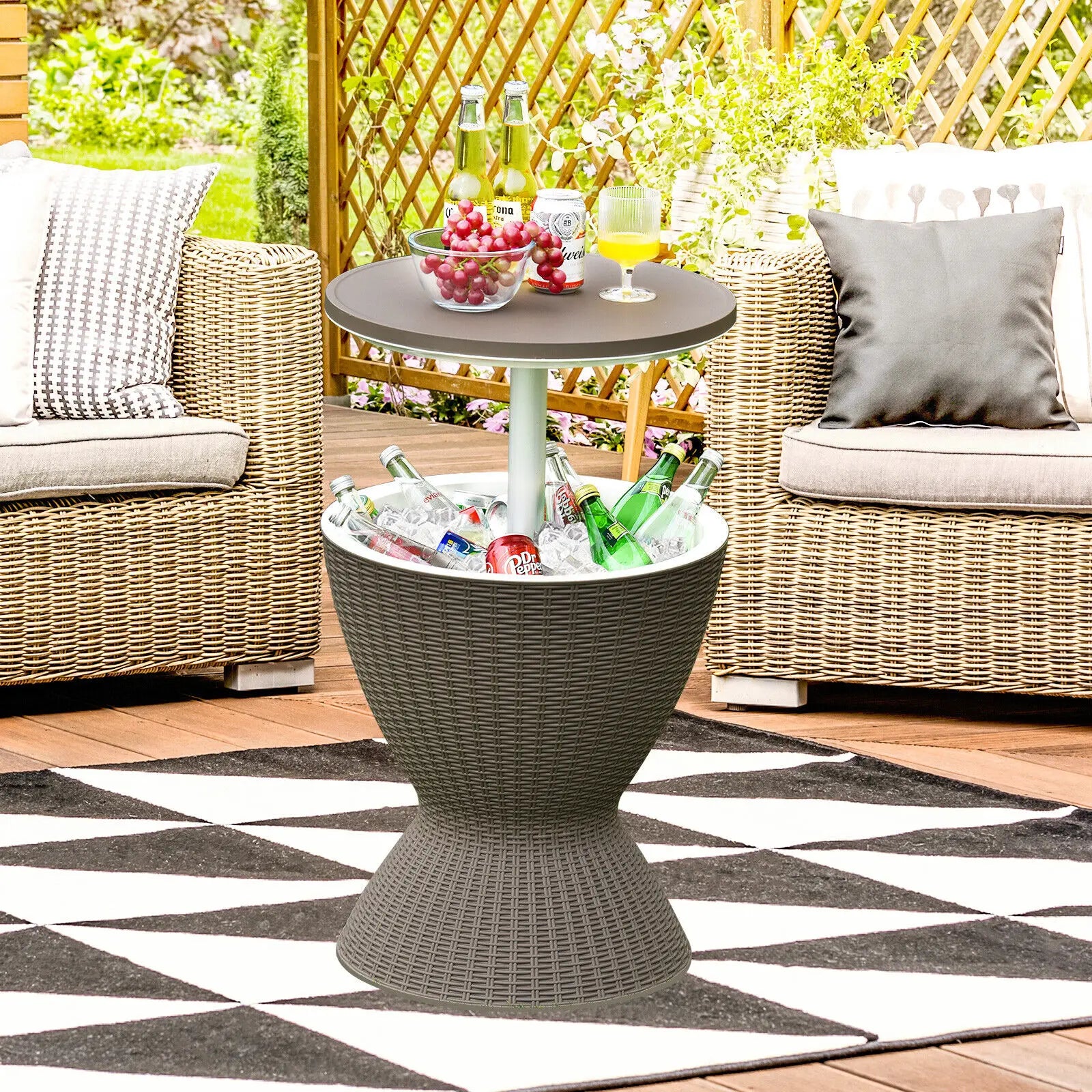 A patio leisure furniture set comprising a comfortable sofa, two armchairs, and a coffee table, all crafted from weather-resistant materials such as aluminum and synthetic wicker. The set features plush, fade-resistant cushions and is designed to enhance outdoor relaxation and entertainment.