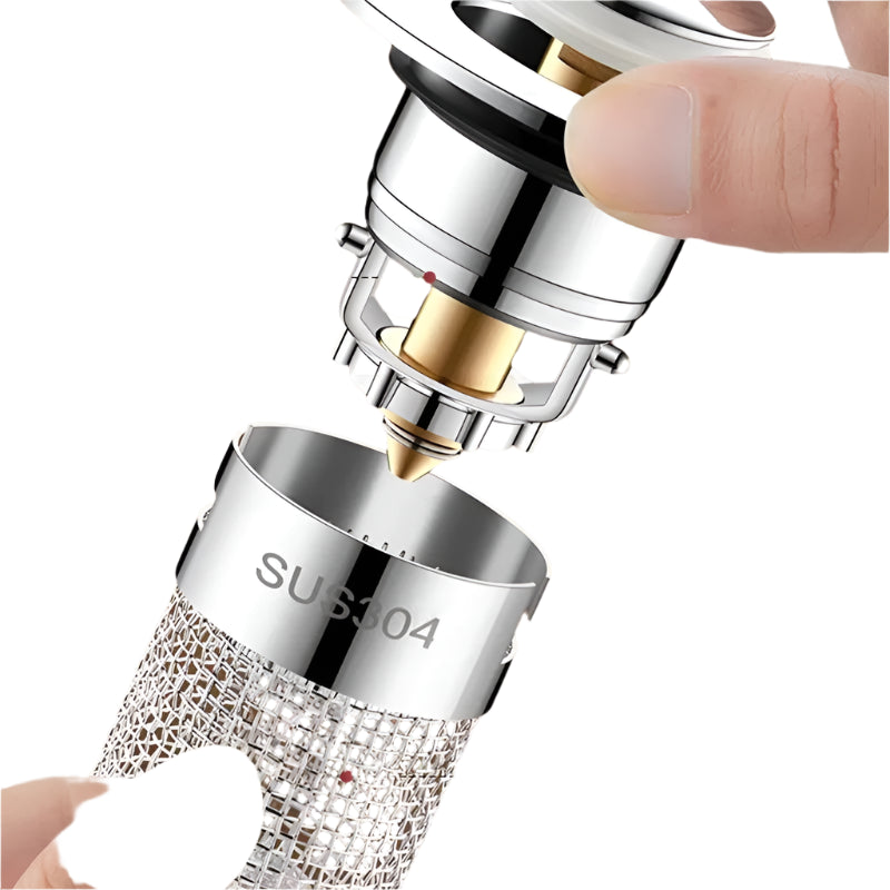 A Pop-Up Sink Drain Filter is a sink drain stopper featuring a built-in strainer that prevents debris and hair from entering the drain, thereby reducing the likelihood of clogs. It typically consists of a stopper with a spring-loaded mechanism, allowing users to open or close the drain with a simple press. The integrated strainer captures unwanted particles, ensuring efficient drainage and easier maintenance