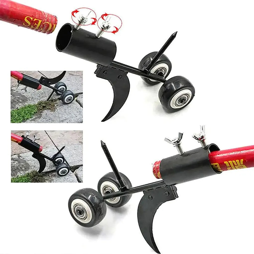 A portable gap weeder grass trimmer featuring an adjustable-length handle and a specialized cutting head designed to remove weeds from narrow gaps, such as between paving stones or along driveway edges. This manual tool allows users to eliminate weeds without the need to bend down, promoting ergonomic gardening practices