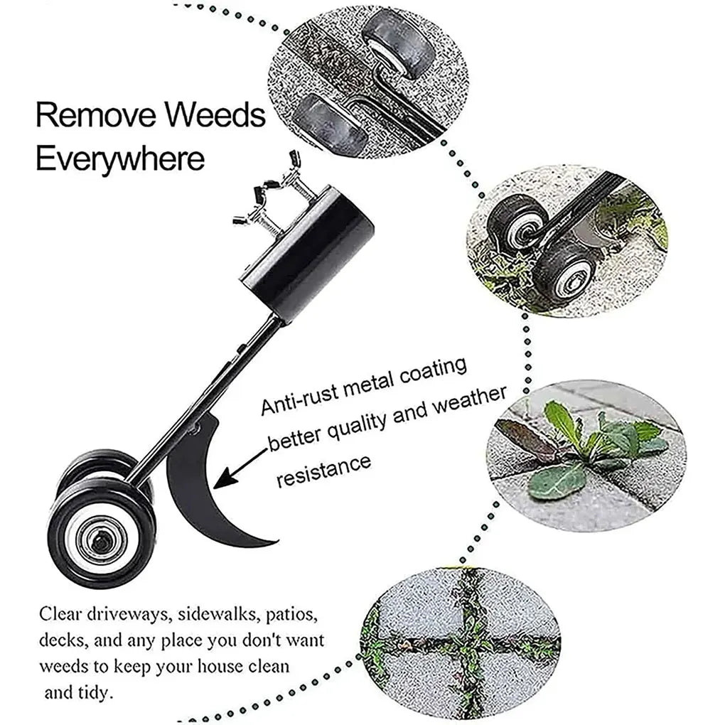A portable gap weeder grass trimmer featuring an adjustable-length handle and a specialized cutting head designed to remove weeds from narrow gaps, such as between paving stones or along driveway edges. This manual tool allows users to eliminate weeds without the need to bend down, promoting ergonomic gardening practices