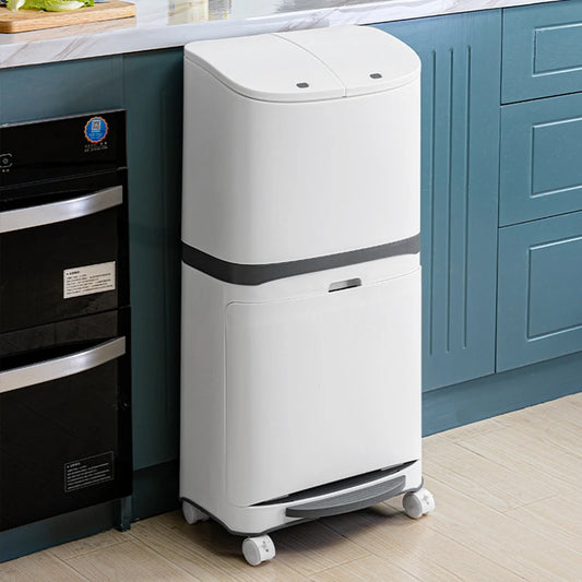 A practical rubbish bin featuring multiple inner buckets for easy sorting of waste, designed to streamline waste disposal and recycling. Ideal for home or office use with a sleek, space-saving design.