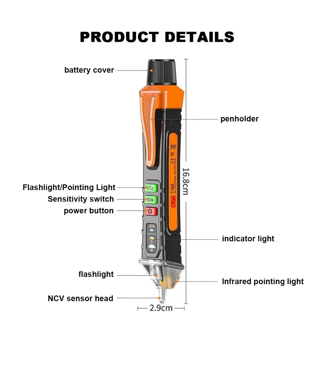 A voltage detector electrical pen, also known as a non-contact voltage tester, designed to detect the presence of voltage in electrical circuits without direct contact. It features a handheld design with an insulated probe, an LED indicator to signal voltage detection, and a sensitivity range suitable for various applications, typically from 90V to 1000V AC