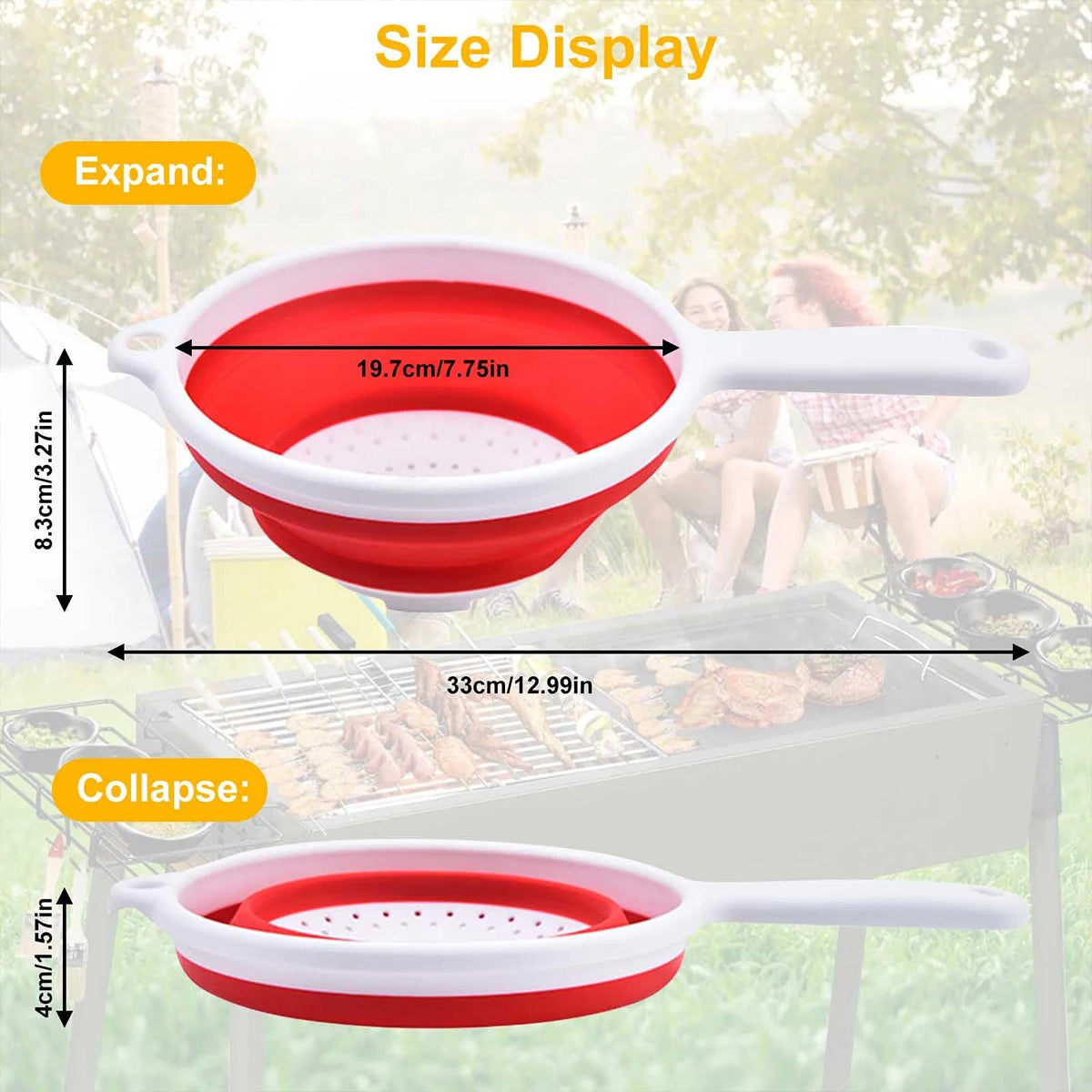 Collapsible draining basket for vegetables, made from durable silicone; features foldable design for space-saving storage, integrated handles for easy handling, and perforated base for efficient draining