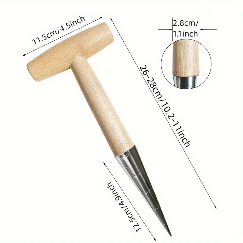 A T-shaped hole puncher seeder made of stainless steel, featuring a wooden handle; designed to create precise holes in soil for planting seeds or bulbs; ensures accurate seed placement and depth for optimal growth