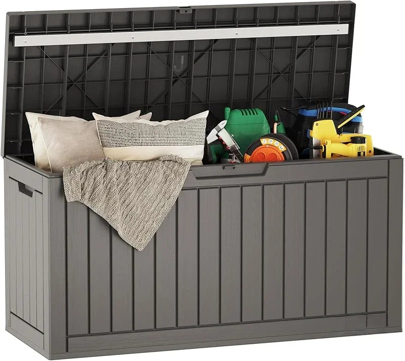 A durable, waterproof outdoor storage container designed to protect garden tools, cushions, or pool accessories from the elements. Constructed from weather-resistant materials, it features a lockable lid to ensure security and is suitable for placement on patios, decks, or in gardens