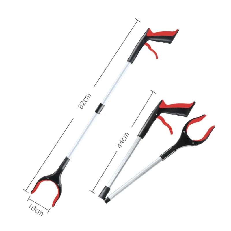  "A foldable reach extender, commonly known as a grabber or helping hand, designed to assist users in picking up objects without bending or stretching. The tool features a lightweight, collapsible aluminum shaft approximately 32 inches long, with an ergonomic handle and a trigger mechanism that controls the rubberized gripping jaws at the opposite end. Ideal for individuals with limited mobility, it aids in retrieving items from high shelves or the ground