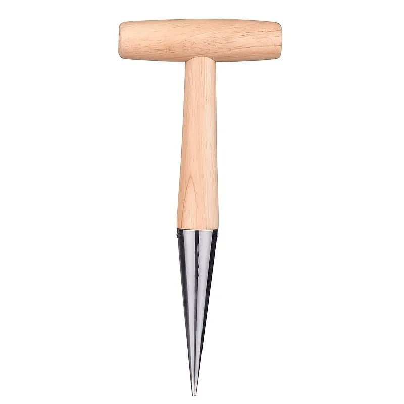 A T-shaped hole puncher seeder made of stainless steel, featuring a wooden handle; designed to create precise holes in soil for planting seeds or bulbs; ensures accurate seed placement and depth for optimal growth