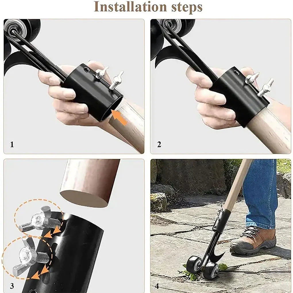 A portable gap weeder grass trimmer featuring an adjustable-length handle and a specialized cutting head designed to remove weeds from narrow gaps, such as between paving stones or along driveway edges. This manual tool allows users to eliminate weeds without the need to bend down, promoting ergonomic gardening practices