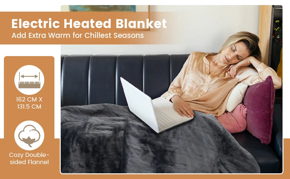 A cozy electric heated blanket throw made from soft, plush fabric, designed to provide adjustable warmth and comfort. Equipped with multiple heat settings and an automatic shut-off feature for safety, this blanket is perfect for snuggling on the couch or adding extra warmth to your bed during colder months