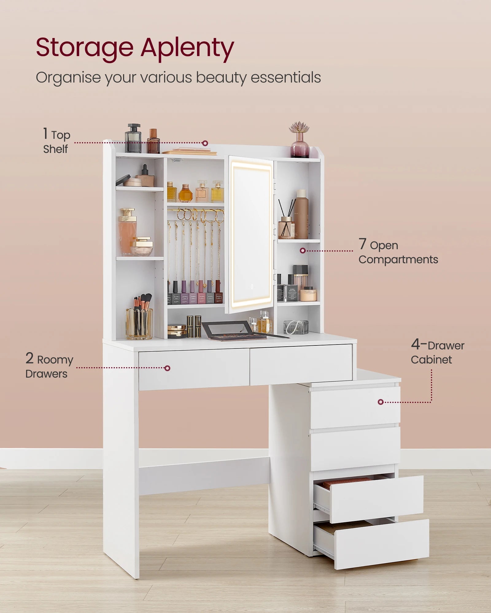 A modern vanity table featuring a sleek design, equipped with a built-in LED-lit mirror offering adjustable brightness settings. The table includes multiple drawers and shelves for organized storage of cosmetics and accessories, complemented by a smooth tabletop for a stylish and functional addition to any bedroom or dressing area.