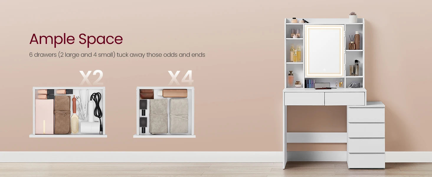 A modern vanity table featuring a sleek design, equipped with a built-in LED-lit mirror offering adjustable brightness settings. The table includes multiple drawers and shelves for organized storage of cosmetics and accessories, complemented by a smooth tabletop for a stylish and functional addition to any bedroom or dressing area.