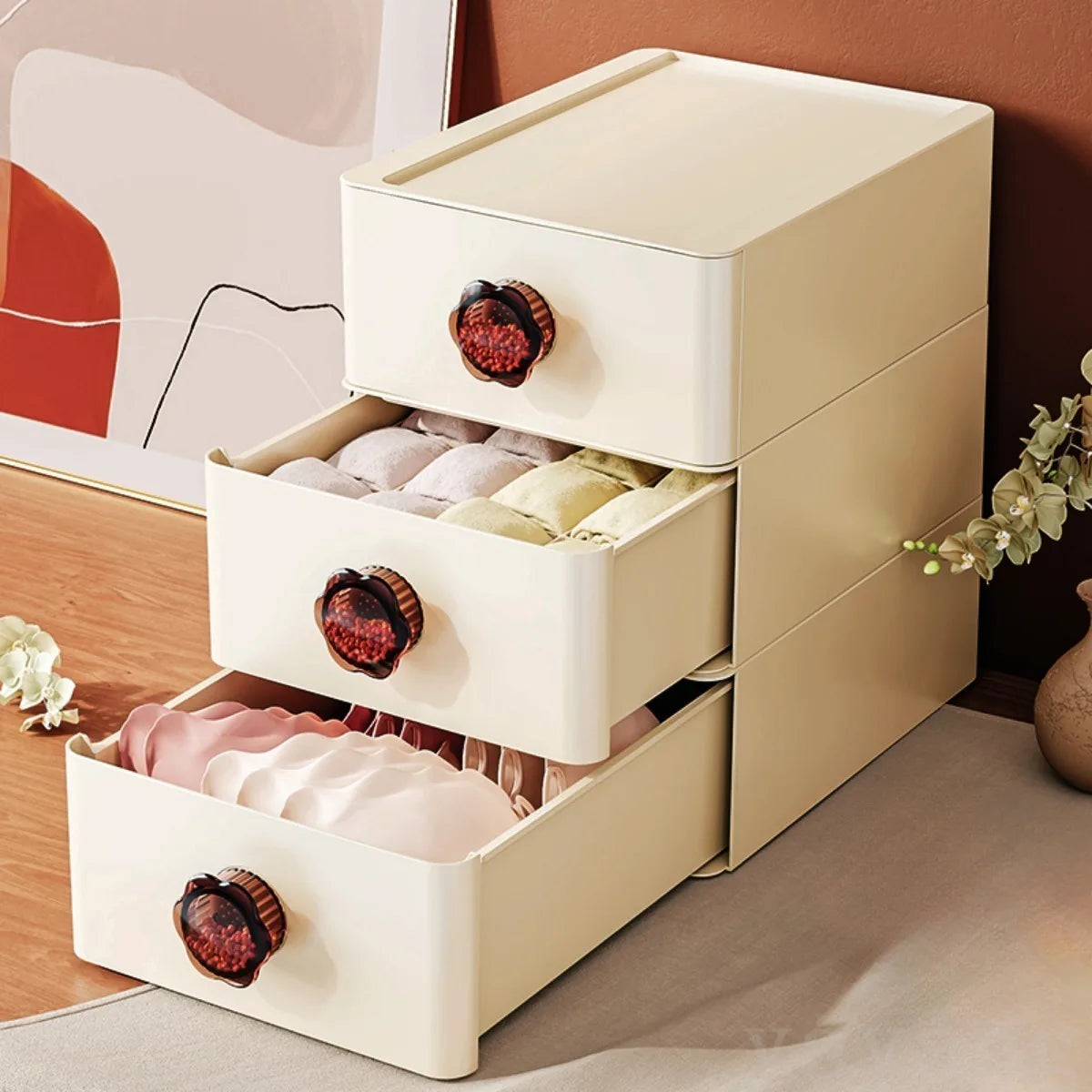 A set of foldable drawer organizers designed for underwear storage, featuring multiple compartments to neatly separate and organize socks, bras, and panties; made from breathable fabric to protect garments and maintain freshness