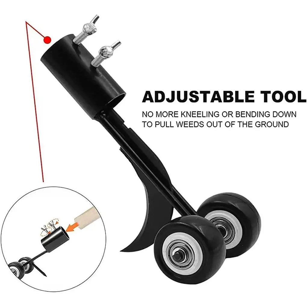 A portable gap weeder grass trimmer featuring an adjustable-length handle and a specialized cutting head designed to remove weeds from narrow gaps, such as between paving stones or along driveway edges. This manual tool allows users to eliminate weeds without the need to bend down, promoting ergonomic gardening practices