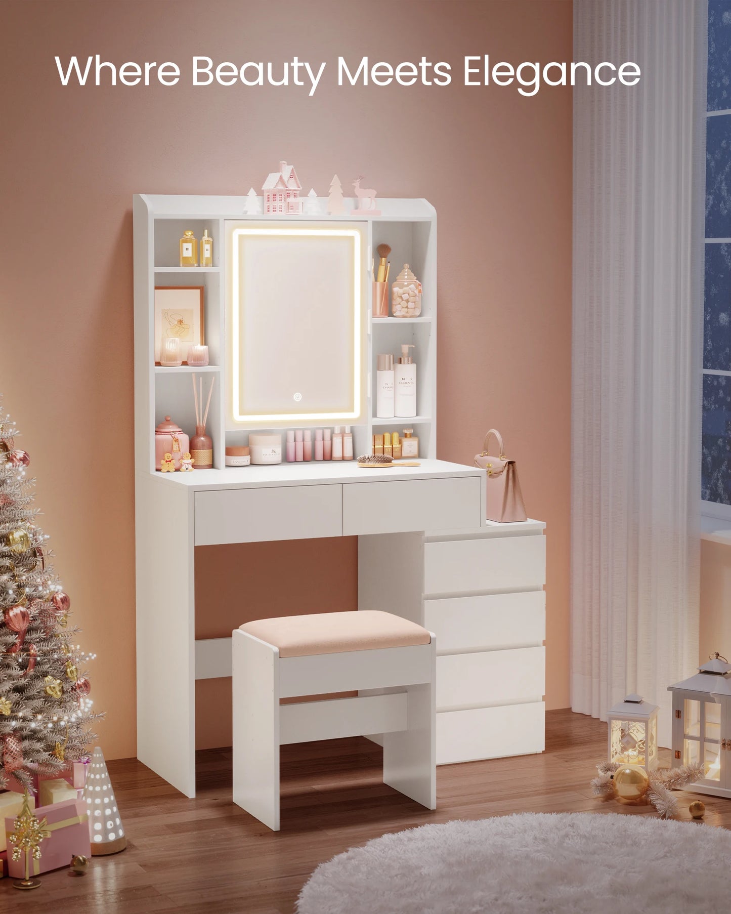 A modern vanity table featuring a sleek design, equipped with a built-in LED-lit mirror offering adjustable brightness settings. The table includes multiple drawers and shelves for organized storage of cosmetics and accessories, complemented by a smooth tabletop for a stylish and functional addition to any bedroom or dressing area.