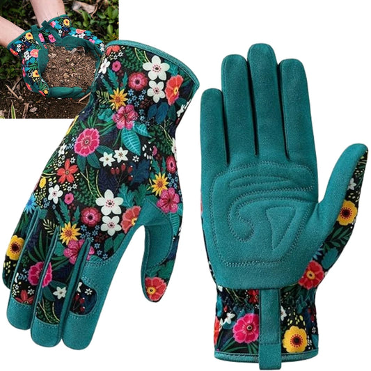 A pair of women's gardening gloves made from durable, breathable fabric, featuring reinforced palms and fingertips for added protection, and an adjustable wrist strap to ensure a secure fit during various gardening tasks