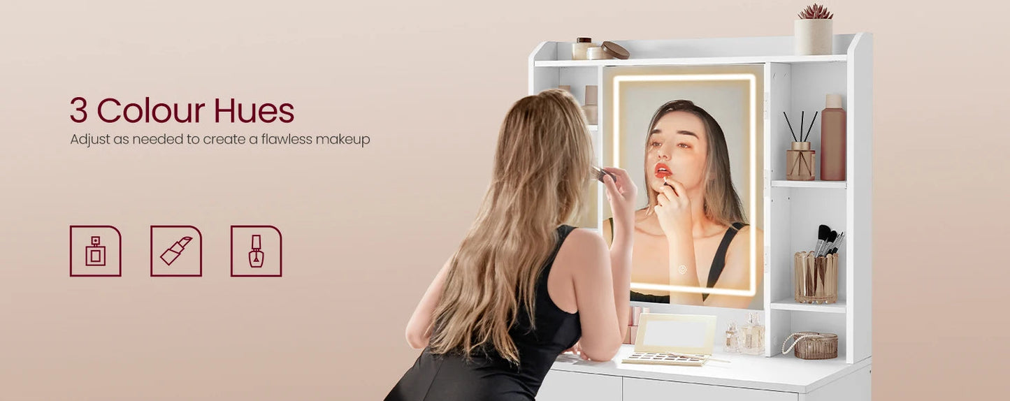 A modern vanity table featuring a sleek design, equipped with a built-in LED-lit mirror offering adjustable brightness settings. The table includes multiple drawers and shelves for organized storage of cosmetics and accessories, complemented by a smooth tabletop for a stylish and functional addition to any bedroom or dressing area.