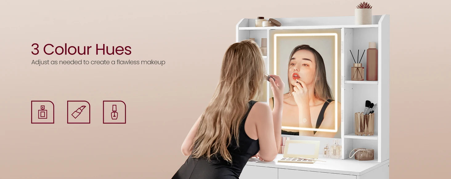 A modern vanity table featuring a sleek design, equipped with a built-in LED-lit mirror offering adjustable brightness settings. The table includes multiple drawers and shelves for organized storage of cosmetics and accessories, complemented by a smooth tabletop for a stylish and functional addition to any bedroom or dressing area.