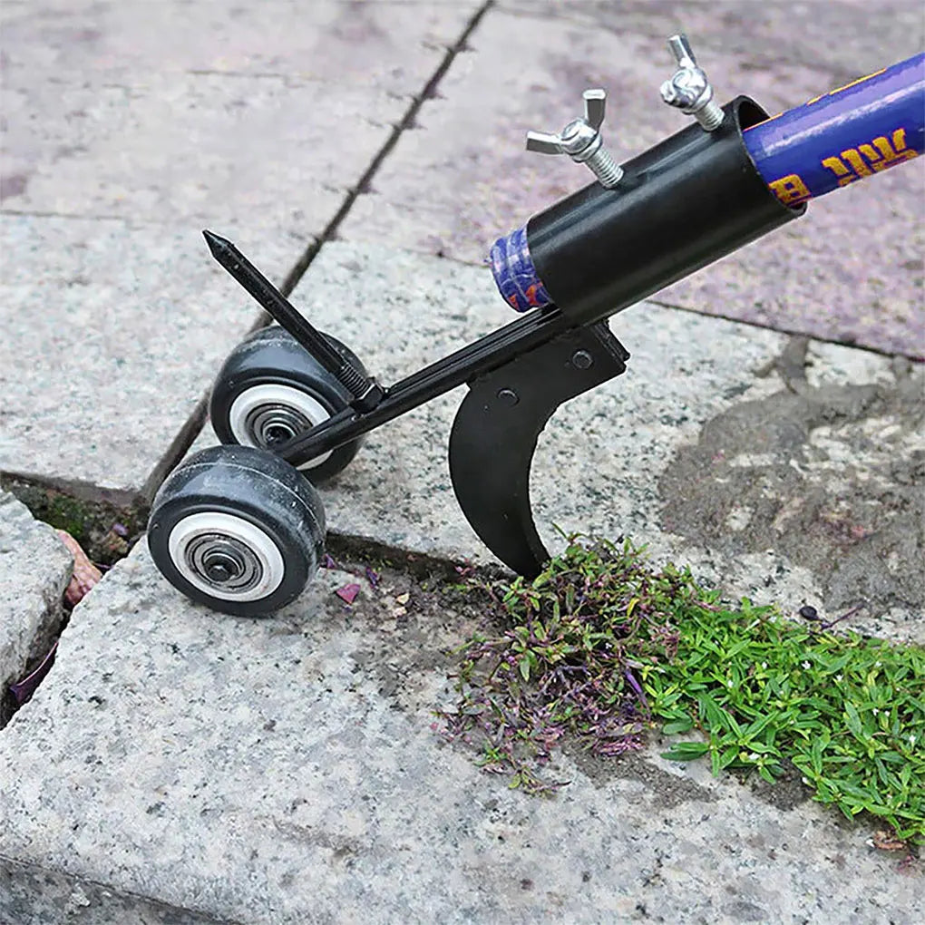 A portable gap weeder grass trimmer featuring an adjustable-length handle and a specialized cutting head designed to remove weeds from narrow gaps, such as between paving stones or along driveway edges. This manual tool allows users to eliminate weeds without the need to bend down, promoting ergonomic gardening practices