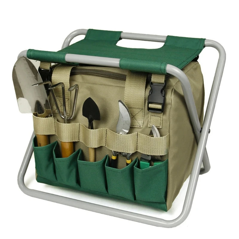 A folding gardening stool designed to provide comfort and convenience for gardeners. This portable stool features a sturdy metal frame with a durable fabric seat and includes a detachable tool bag for easy access to gardening tools. Its lightweight design and foldable structure make it easy to carry and store, ideal for reducing strain during gardening tasks