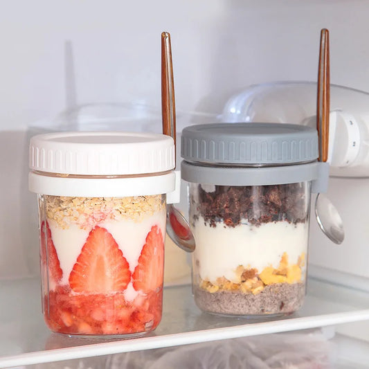 Glass jar container designed for storing overnight oats, with an airtight lid to keep ingredients fresh. Perfect for prepping nutritious breakfasts on-the-go.