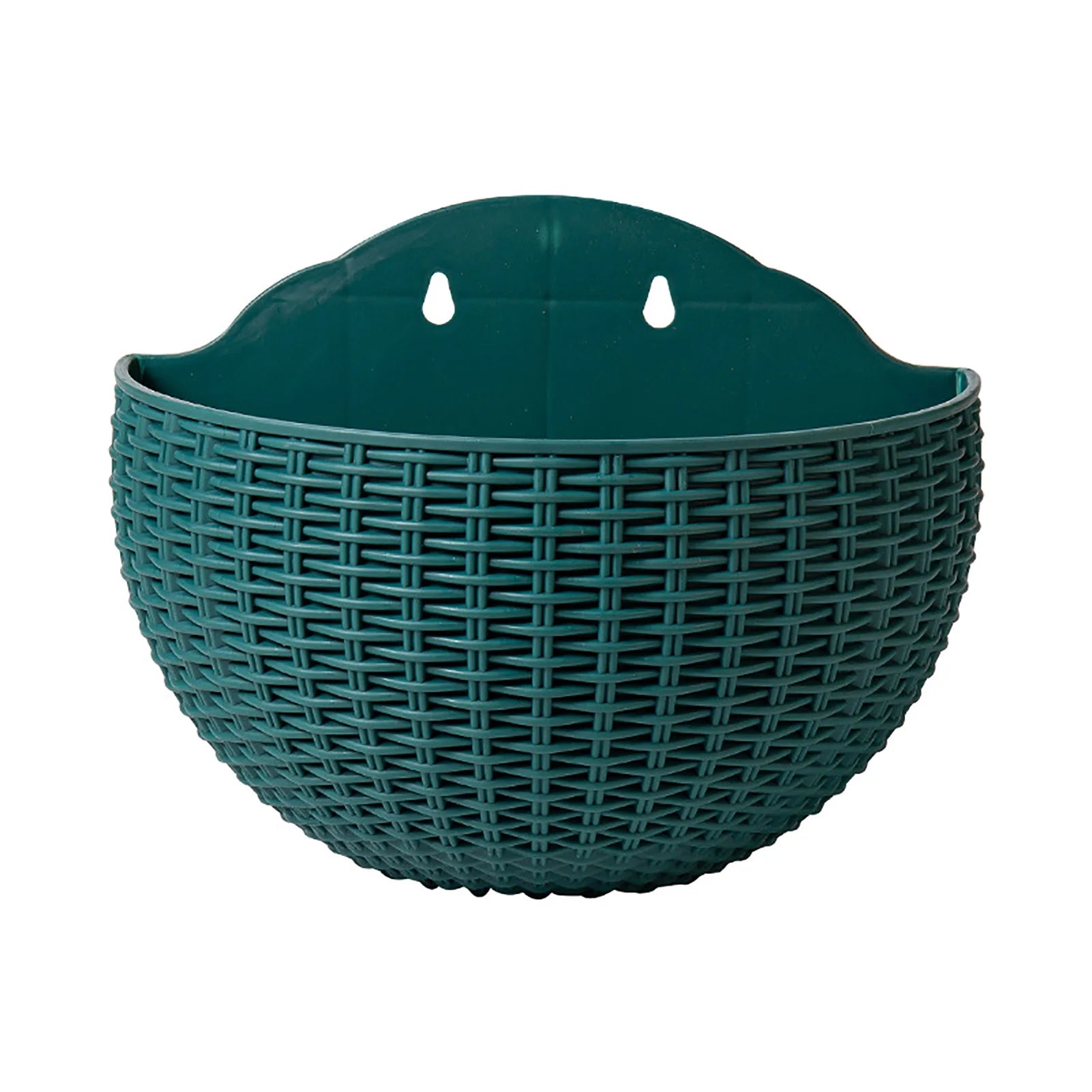 A durable plastic wall-mounted hanging planter in a half-round design, securely attached to a balcony railing. It is filled with vibrant blooming flowers, adding a touch of nature and color to the outdoor space.