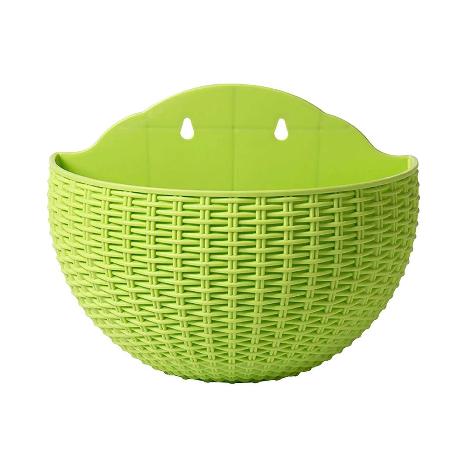 A durable plastic wall-mounted hanging planter in a half-round design, securely attached to a balcony railing. It is filled with vibrant blooming flowers, adding a touch of nature and color to the outdoor space.