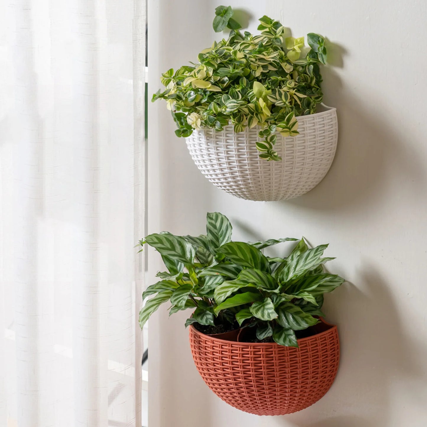 A durable plastic wall-mounted hanging planter in a half-round design, securely attached to a balcony railing. It is filled with vibrant blooming flowers, adding a touch of nature and color to the outdoor space.