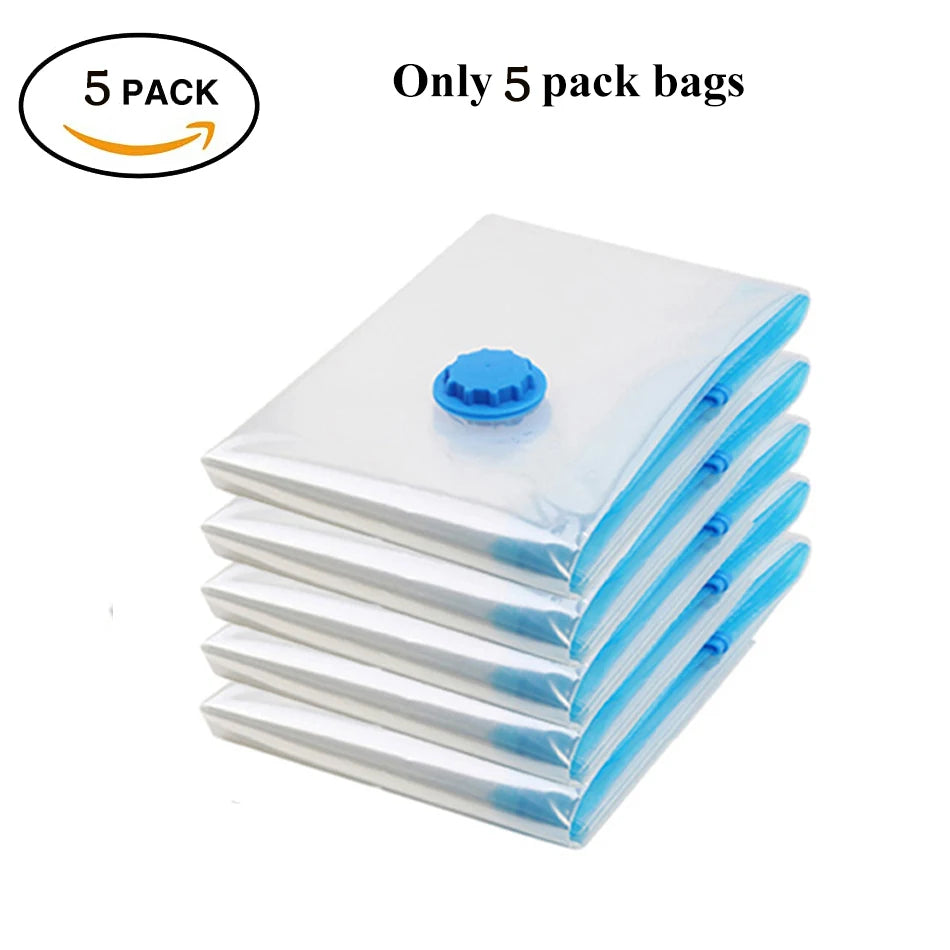 A set of vacuum storage bags designed to compress clothing, bedding, and other textiles, maximizing storage space by reducing volume through air removal. These bags are typically made from durable, airtight materials and feature a one-way valve for use with a vacuum cleaner, ensuring contents are protected from moisture, dust, and odors