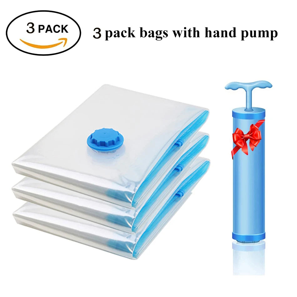 A set of vacuum storage bags designed to compress clothing, bedding, and other textiles, maximizing storage space by reducing volume through air removal. These bags are typically made from durable, airtight materials and feature a one-way valve for use with a vacuum cleaner, ensuring contents are protected from moisture, dust, and odors