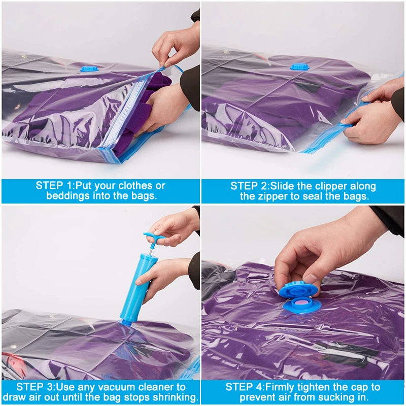 A set of vacuum storage bags designed to compress clothing, bedding, and other textiles, maximizing storage space by reducing volume through air removal. These bags are typically made from durable, airtight materials and feature a one-way valve for use with a vacuum cleaner, ensuring contents are protected from moisture, dust, and odors