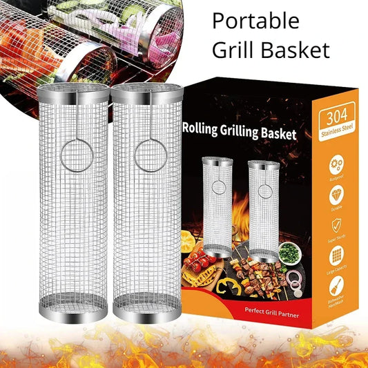 Stainless Steel Grill Basket Portable Barbecue Cage Rolling