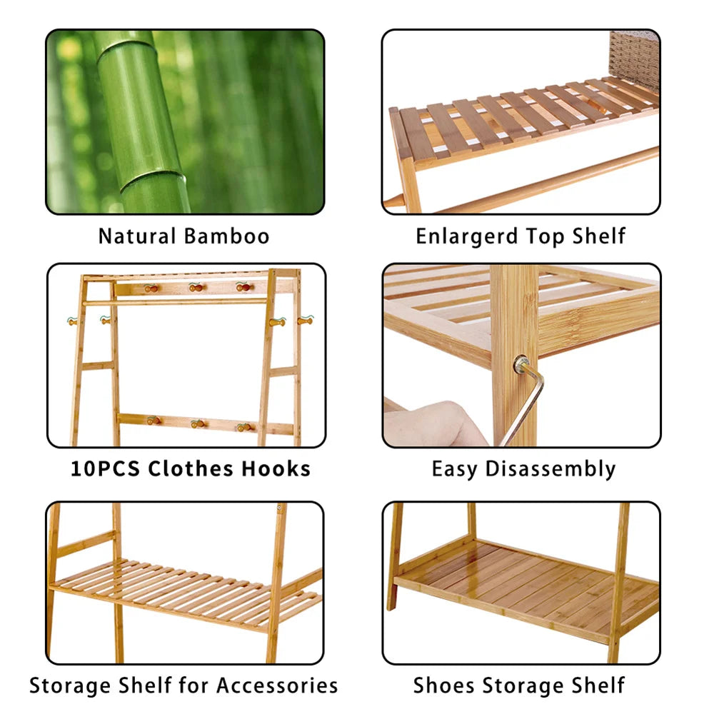 Modern Bamboo Clothes Rack with Top Shelf Shoe Storage