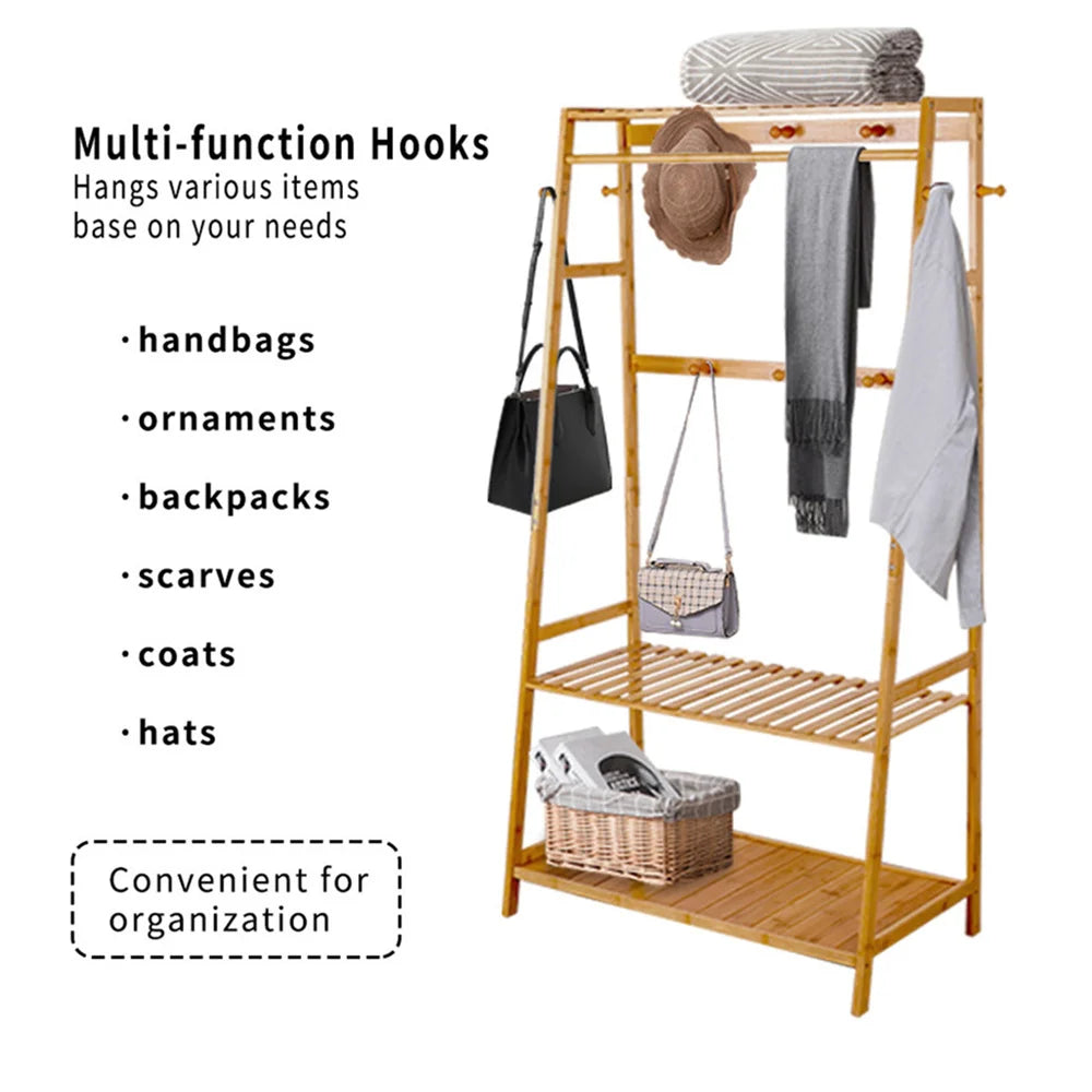 Modern Bamboo Clothes Rack with Top Shelf Shoe Storage