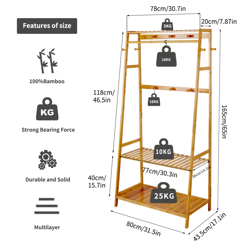 Modern Bamboo Clothes Rack with Top Shelf Shoe Storage