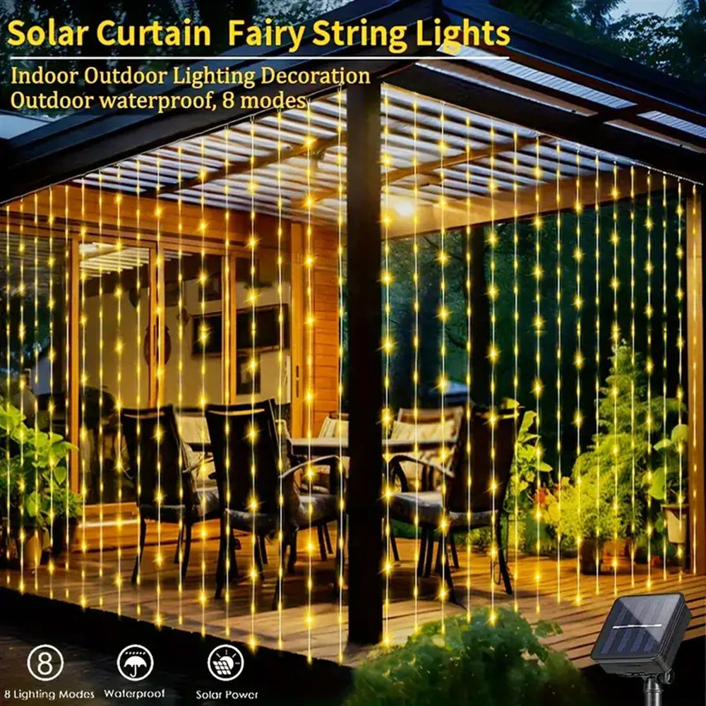 Cortina de luz solar LED para exteriores, resistente al agua