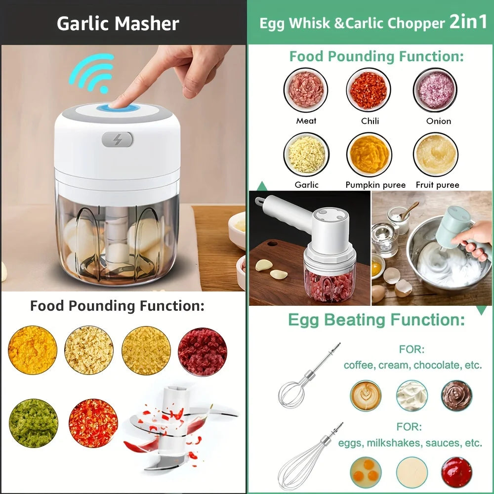 Electric Mini Food Chopper and Garlic Masher - Portable USB Meat Grinder and Vegetable Cutter for Kitchen Use