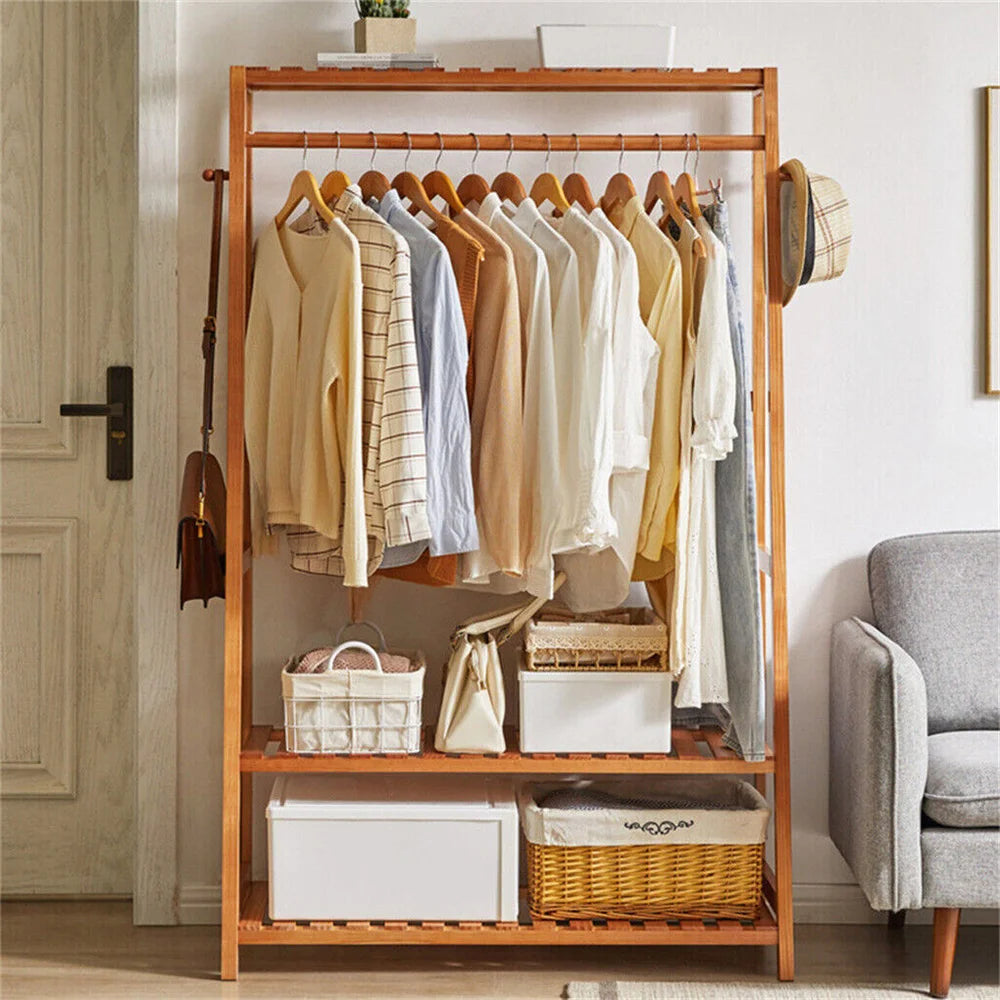 Modern Bamboo Clothes Rack with Top Shelf Shoe Storage