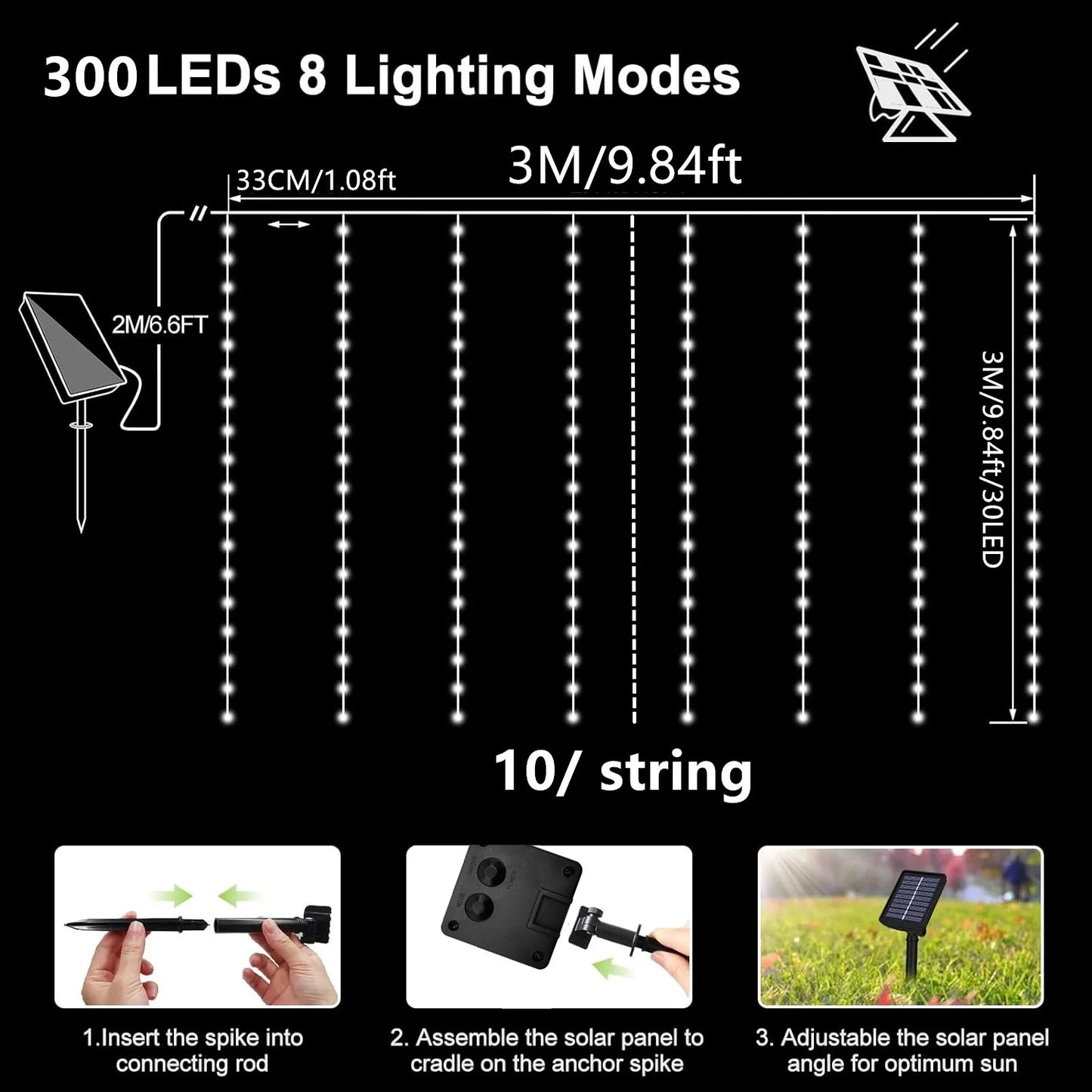 Cortina de luz solar LED para exteriores, resistente al agua