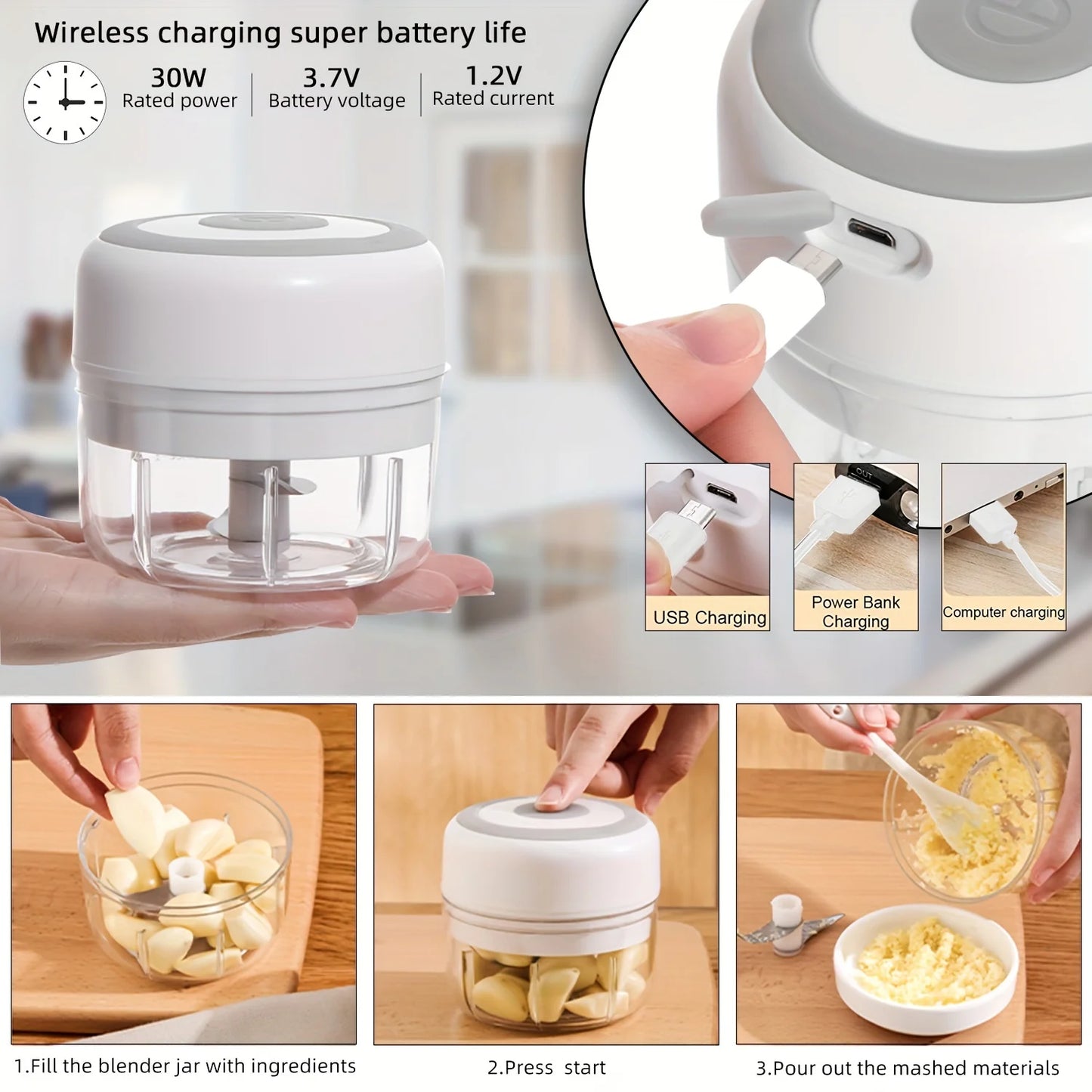 Electric Mini Food Chopper and Garlic Masher - Portable USB Meat Grinder and Vegetable Cutter for Kitchen Use