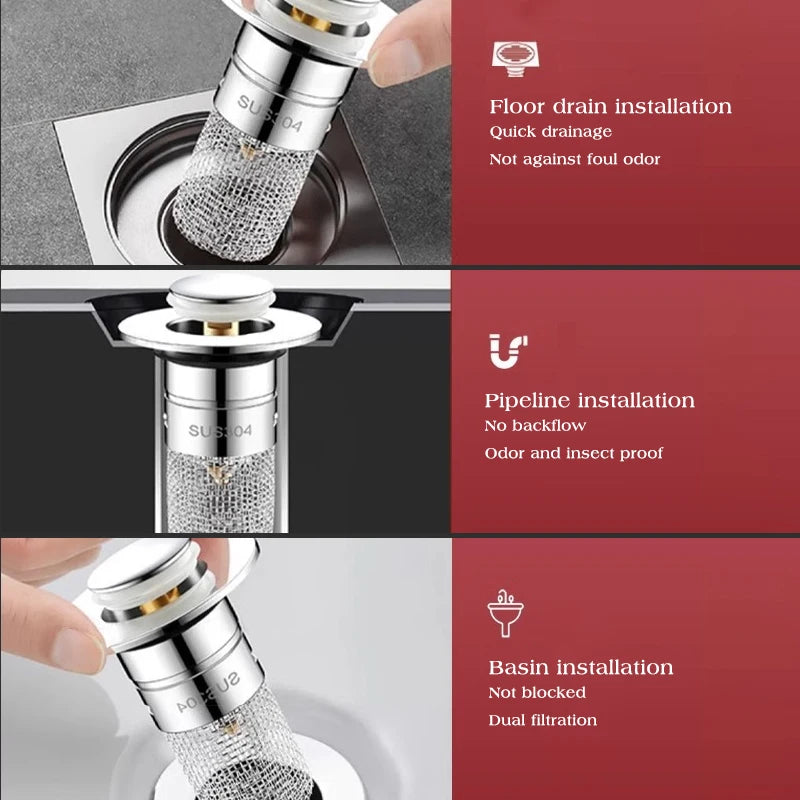 A Pop-Up Sink Drain Filter is a sink drain stopper featuring a built-in strainer that prevents debris and hair from entering the drain, thereby reducing the likelihood of clogs. It typically consists of a stopper with a spring-loaded mechanism, allowing users to open or close the drain with a simple press. The integrated strainer captures unwanted particles, ensuring efficient drainage and easier maintenance