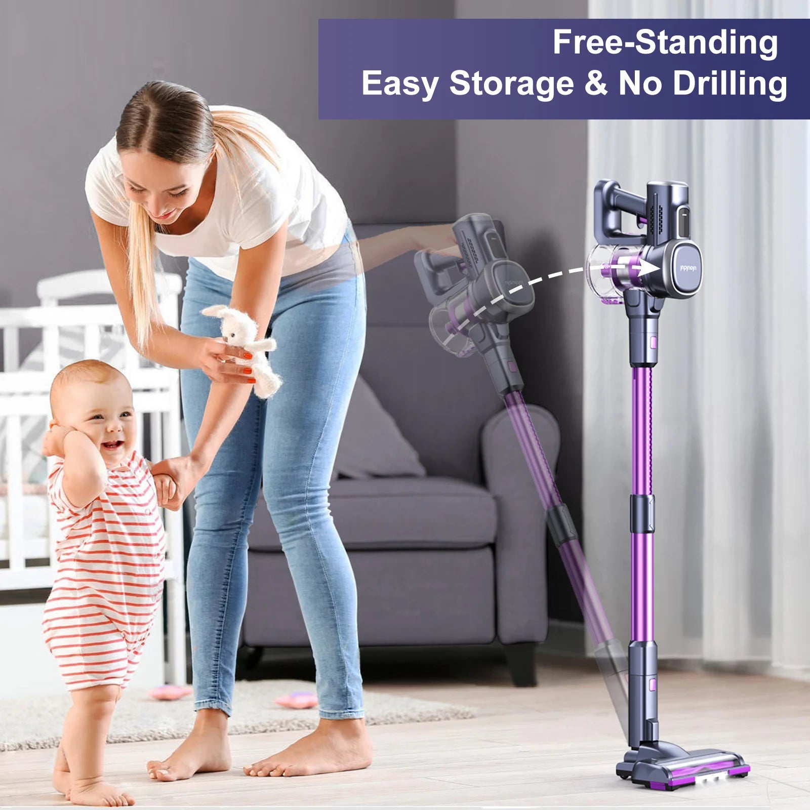 A high-efficiency vacuum cleaner designed for deep cleaning carpets and hard floors, featuring a HEPA filter and multiple suction settings