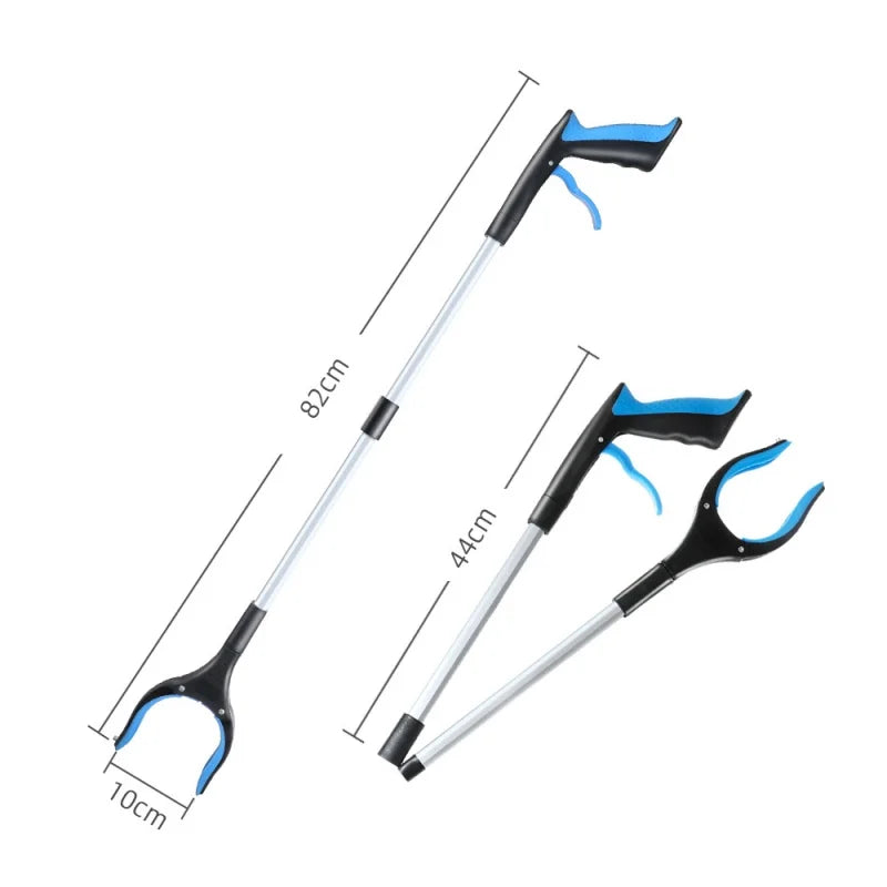  "A foldable reach extender, commonly known as a grabber or helping hand, designed to assist users in picking up objects without bending or stretching. The tool features a lightweight, collapsible aluminum shaft approximately 32 inches long, with an ergonomic handle and a trigger mechanism that controls the rubberized gripping jaws at the opposite end. Ideal for individuals with limited mobility, it aids in retrieving items from high shelves or the ground