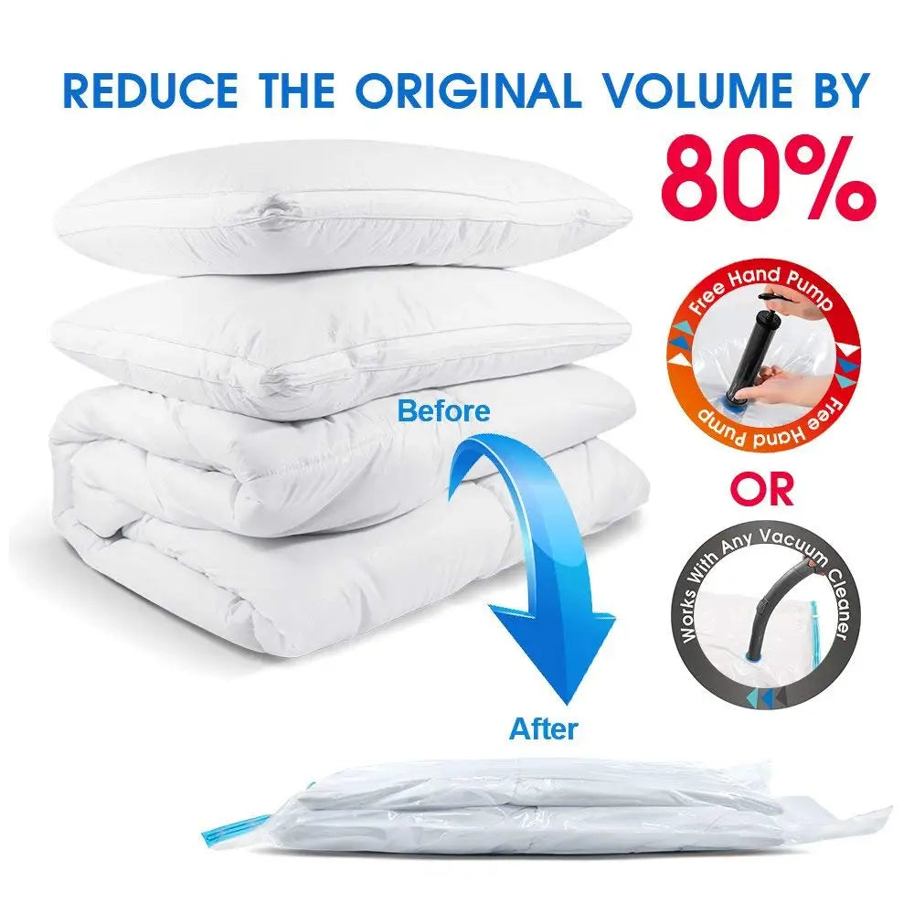 A set of vacuum storage bags designed to compress clothing, bedding, and other textiles, maximizing storage space by reducing volume through air removal. These bags are typically made from durable, airtight materials and feature a one-way valve for use with a vacuum cleaner, ensuring contents are protected from moisture, dust, and odors